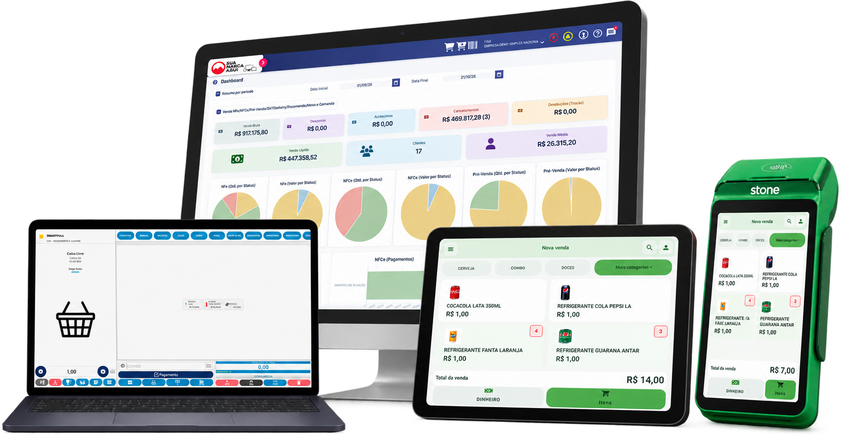Sistemas SmartFull: painel de gestão no monitor, PDV desktop no notebook e PDV Android no tablet e na maquininha de cartão