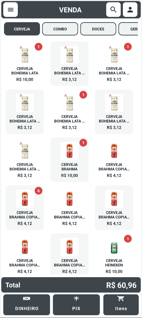 Tela de venda do aplicativo SmartFull, com catálogo de produtos e pagamento por dinheiro ou Pix